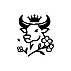 Elegant Bull with Crown: A regal bull, adorned with a crown, embodies strength and grace. Flowers and leaves further accentuate its natural majesty in a stark black and white minimalist illustration.