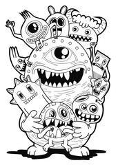Hand-drawn illustrations, monsters doodle, Hand Drawn cartoon monster illustration,Cartoon crowd doodle hand-drawn Doodle style.black and white stripes coloring  book.