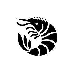 Shrimp silhouette design: A minimalist design presents a monochrome shrimp icon, ready for usage in graphic elements. This clean design offers a versatile visual asset for creative projects.