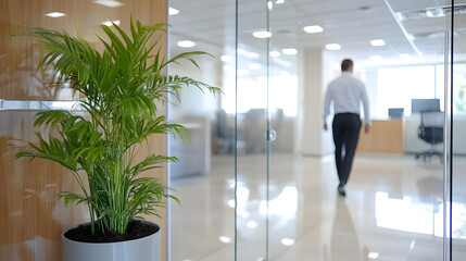 Professional man walking through blurred office interior with green plant accent modern workspace