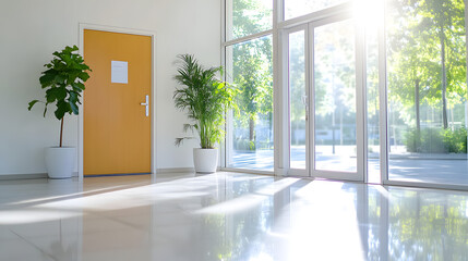 Fototapeta premium Bright office interior with blurred door modern design serene environment natural light
