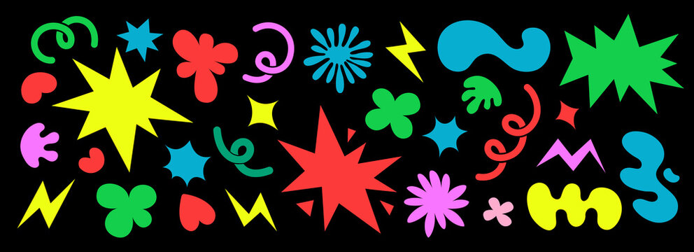 Abstract shapes clouds and flowers stickers. Groovy flowers,stars, bubbles, loops and waves in trendy retro cartoon style. Vector illustrations with wavy elements.