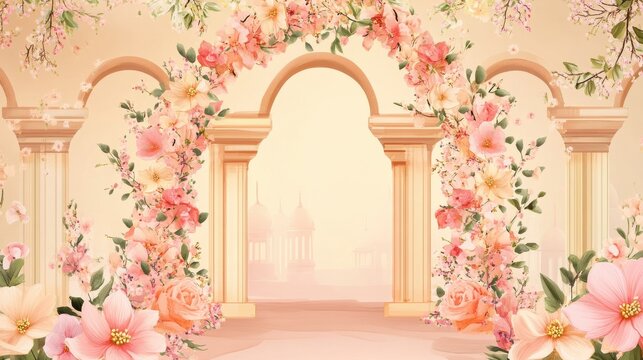 elegant indian arch with floral elements, wedding invitations illustration