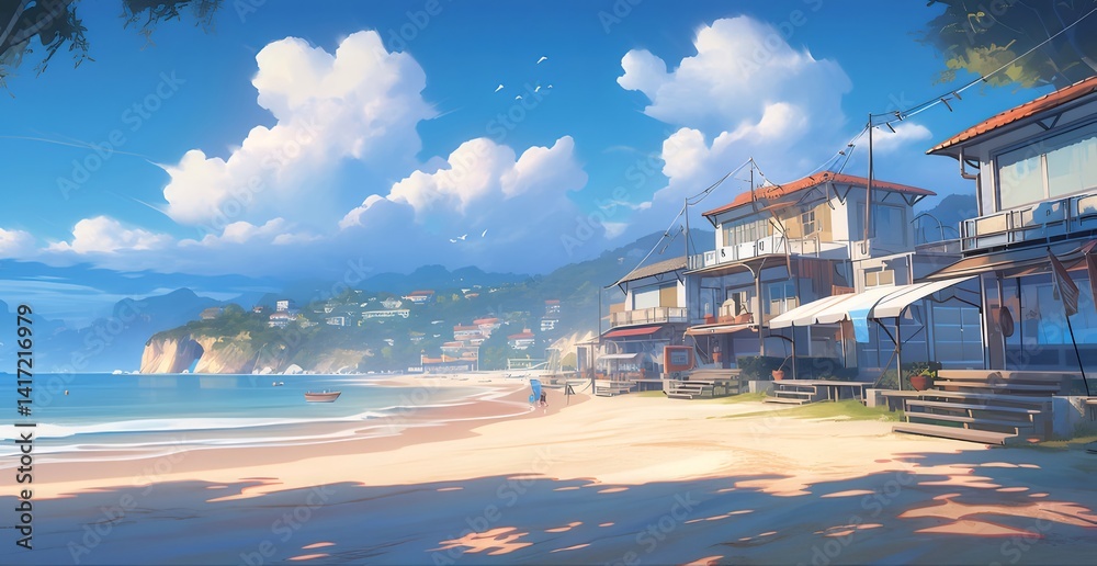 Aufkleber 青い空と白い雲の下 砂浜に建つ家々 海と丘の風景 鮮やかな色彩の夏のビーチ