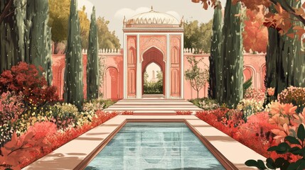 Traditional Mughal arch garden illustration for wedding invitation illustration