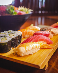 Savoring authentic sushi delights japanese restaurant culinary art indoor setting close-up view gastronomic experience