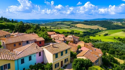 Fototapeta premium Tuscany Village: Rolling Hills & Colorful Houses - Aerial Photography