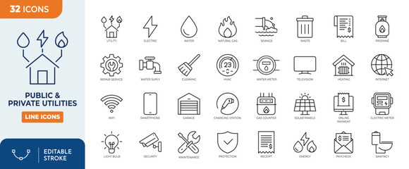 Public and private utilities line editable icon set. Editable stroke. Vector illustration