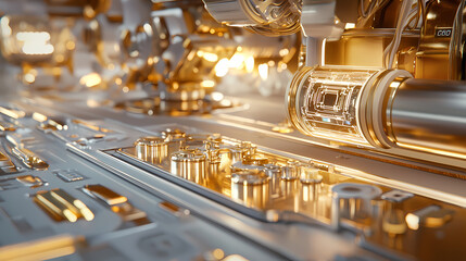 Fototapeta premium A close-up view of intricate metallic machinery, showcasing polished surfaces, detailed components, and an illuminated design, emphasizing advanced technology and engineering.