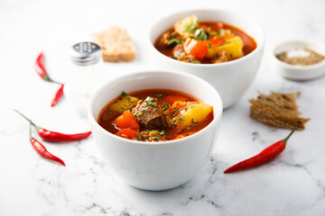 Traditional goulash soup with beef