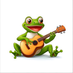 Naklejka premium Cute frog playing ukulele isolated cartoon character fun and joyful creative art style