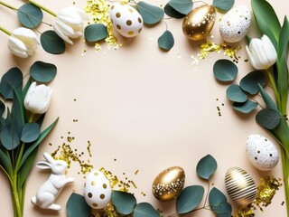Easter holiday background with white and golden easter eggs and tulip flowers 2