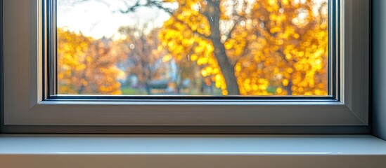 Autumn window view of golden trees