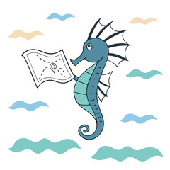 Fototapeta premium Cartoon seahorse exploring a treasure map underwater 