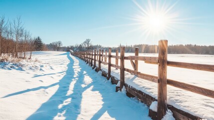 Snowy landscape with wooden fence in winter sunshine 