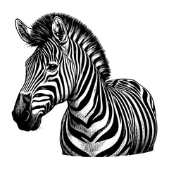 zebra portrait sketch engraving black and white outline. Scratch board imitation.