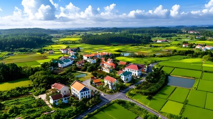 Idyllic Village Aerial: Green Fields & Homes - Aerial Photography