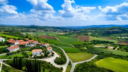 Fototapeta premium Idyllic Hilltop Village, Rural Landscape - Aerial Photography: The .
