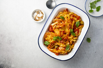 Pasta bake with tomato and basil