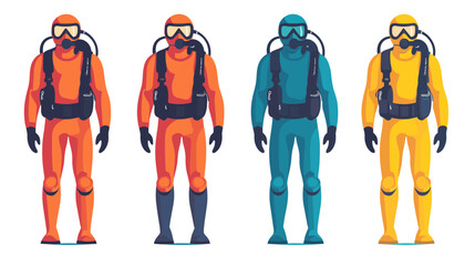 Four Hazmat Suit Divers in Orange, Red, Teal and Yellow