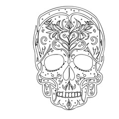 Detailed Skull Outline with Floral Adornments