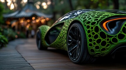 An eye-catching green car with a bubble-like texture stands in a peaceful environment, reflecting creative design and modern aesthetics in harmony with nature's tranquility.