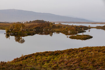 Golden sunset over calm lakes and clear water reflections in The Trossachs and Loch Lomond. Long winding roads cross green hills and mountains in a peaceful, awe-inspiring natural landscape. Exploring