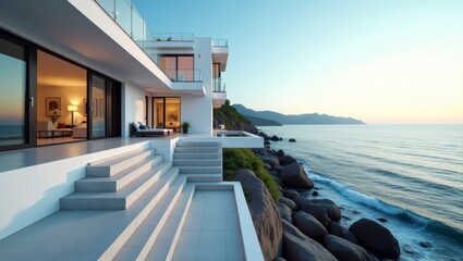 Fototapeta premium Stunning cinematic view of a high-end house nestled by the ocean with vibrant colors and tranquil coastal vibes