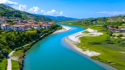 Fototapeta premium Turquoise River Village Aerial View - Aerial Views