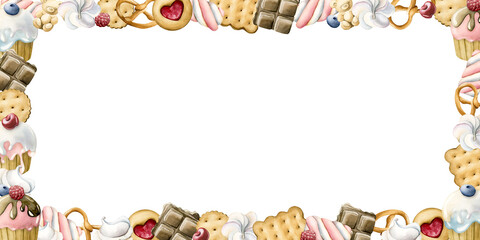 Cute cupcakes, cookies, chocolate and marshmallow frame. Watercolor hand painted isolated food illustration kids bakery