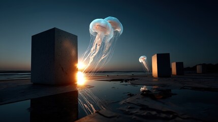 This stunning image features ethereal jellyfish emerging from the ocean at sunrise, surrounded by imposing concrete blocks reflecting the colorful sky in a surreal landscape.