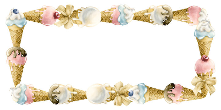 Cute ice cream waffle cone frame. Watercolor hand painted food summer isolated illustration card invitation baby shower