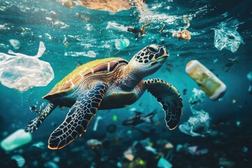 Obraz premium Sea Turtle Navigating Through Plastic Waste in Ocean Waters: A Striking Reflection of Pollution Impact on Marine Life