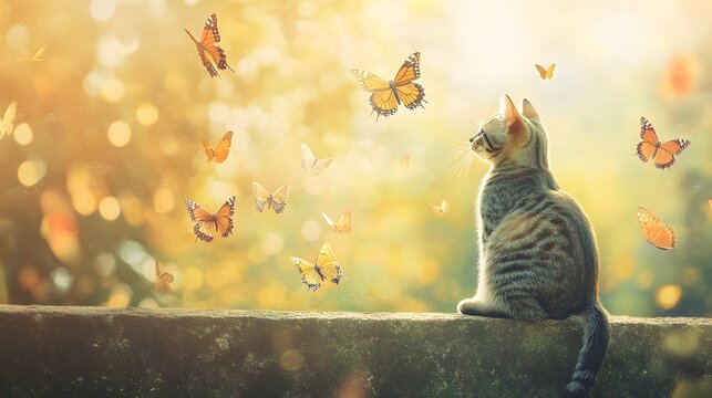 A cat sitting on a garden wall watching butterflies