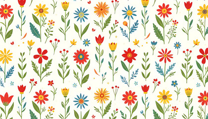 Fototapeta premium A seamless pattern of diverse, colorful flowers is displayed on a light background.