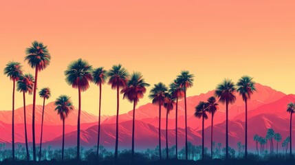 Serene Sunset Over Palm Springs: A Majestic Row of Palm Trees Framing the Desert Mountains in California