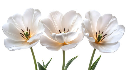 Highly detailed view of white tulips, showcasing stalk, pistil, and pollen, isolated on white