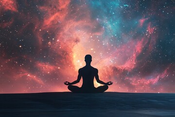 Serene Woman Meditating in Yoga Pose Against a Cosmic Nebula Backdrop - Embracing Zen and Inner Peace