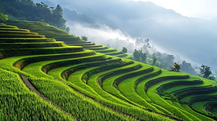 Fototapeta premium Lush green rice terraces in misty mountain landscape.