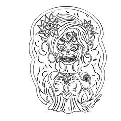 Day of the Dead Lady, Monochrome Line Drawing