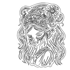 Mystical Woman with Floral Crown Line Art Image