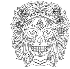 Detailed Calavera with Floral Adornments Outline