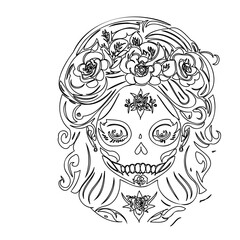 Sugar Skull Woman with Flowers Sketch Illustration