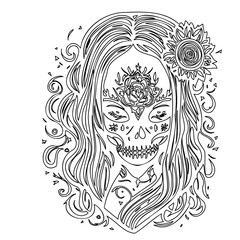 Elegant Day of the Dead woman skull line art