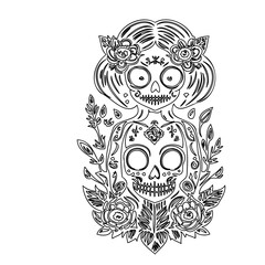 Day of the Dead Girl Skull Floral Illustration