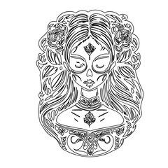 Floral Sugar Skull Woman with Elaborate Outline
