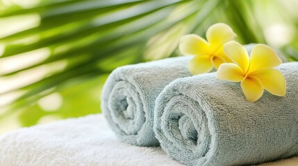 Serene Spa Day: Luxurious Towels and Plumeria Blooms