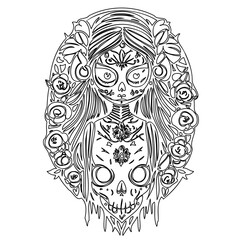 Day of the Dead Woman and Skull Line Art