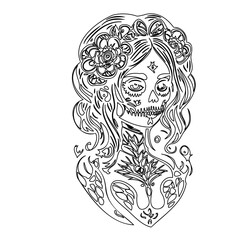 Elegant Skull Line Art with Floral Adornments