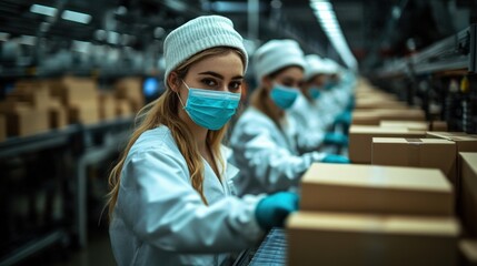Young woman working in a factory, packaging boxes while colleagues assist in the background